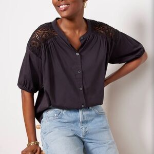 Evereve Women's Size Medium Black Rowan Eyelet Back Shirt siz large cotton blend